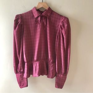 VINTAGE Burgundy Plaid Puff Sleeve Peplum Blouse